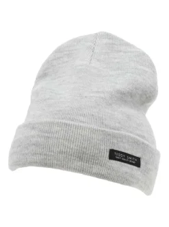 Bonnet gris clair chiné avec un revers et nom de la marque cousue à l'avant