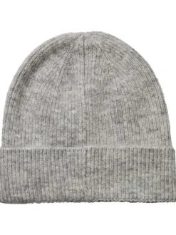 Bonnet gris clair chiné en maille jersey avec bijou cousu sur le revers
