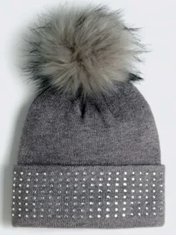 Bonnet gris à strass et à revers