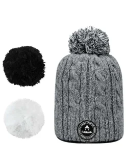 Bonnet gris uni à grosse maille et à ponpoms interchangeables