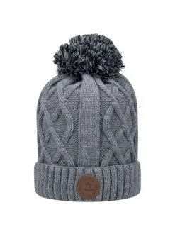 Bonnet gris uni à grosse mail à revers et à pompons interchangeables