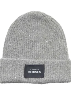Bonnet gris uni à revers avec fils en lurex et étiquette noire de la marque
