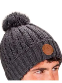 Bonnet gris uni à revers en mailles tressées avec trois pompons interchangeables