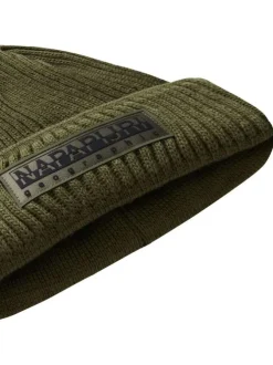Bonnet kaki en maille tricotée avec nom de la marque brodé en noir