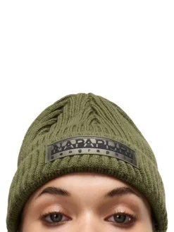 Bonnet kaki en maille tricotée avec nom de la marque brodé en noir