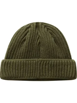 Bonnet kaki en maille tricotée avec nom de la marque brodé en noir