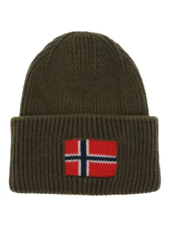 Bonnet kaki en maille tricotée avec un large revers et logo