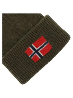 Bonnet kaki en maille tricotée avec un large revers et logo
