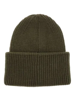 Bonnet kaki en maille tricotée avec un large revers et logo