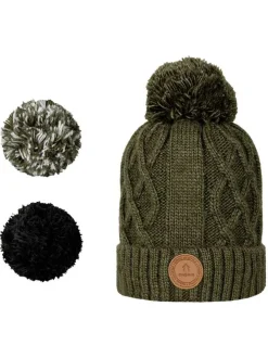 Bonnet kaki pourvu de pompons interchangeables de différentes couleurs