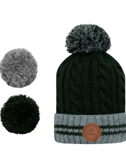 Bonnet kaki uni avec revers gris à liseré vert et pompons interchangeables