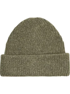 Bonnet kaki uni en maille effet côtelé et large revers
