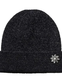 Bonnet marine chiné en maille jersey avec lurex argenté et bijou fleur cousu