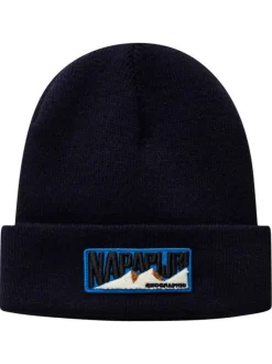 Bonnet marine en maille fine avec patch iconique brodé sur le revers