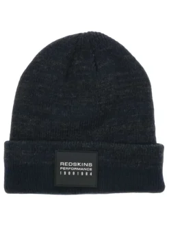 Bonnet marine en maille moulinée avec un patch au nom de la marque