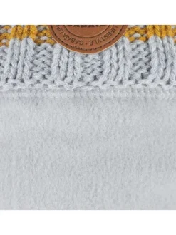 Bonnet marine à revers gris et jaune et à pompons interchangeables