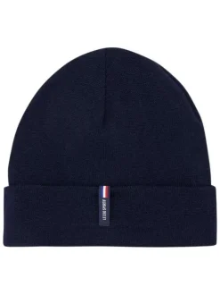 Bonnet marine uni avec un patch avec nom de la marque cousu à l'avant