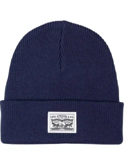Bonnet marine uni en coton avec large revers et logo de la marque à l'avant
