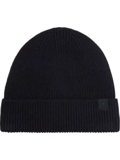 Bonnet marine uni en maille tricotée avec un logo en relief brodé