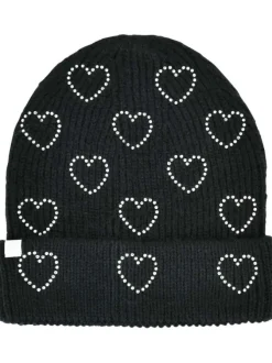 Bonnet noir avec mpotifs de coeurs en strass à revers avec étiquette