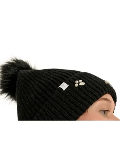 Bonnet noir avec perles blanches, à revers avec pompon noir à poils