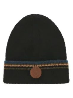 Bonnet noir chiné en maille côtelée avec logo cousu sur le revers avec liserés