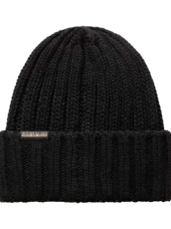 Bonnet noir en maille côtelée avec drapeau norvégien et revers haut