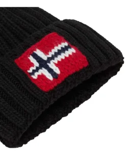 Bonnet noir en maille côtelée avec drapeau norvégien et revers haut