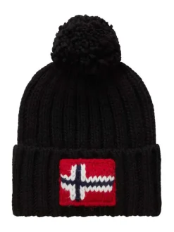 Bonnet noir en maille côtelée avec pompom et drapeau norvégien sur le revers