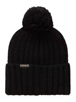 Bonnet noir en maille côtelée avec pompom et drapeau norvégien sur le revers