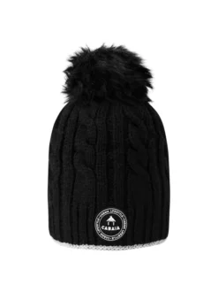 Bonnet noir en maille torsadée avec pompons interchangeables