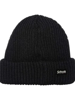 Bonnet noir en maille tricotée avec un revers large et le nom de la marque