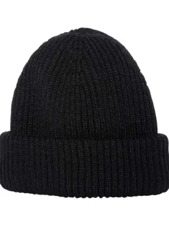 Bonnet noir en maille tricotée avec un revers large et le nom de la marque