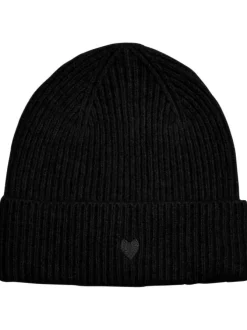 Bonnet noir uni côtelé avec broderie de coeur ton sur ton sur le revers
