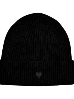 Bonnet noir uni côtelé avec broderie de coeur ton sur ton sur le revers
