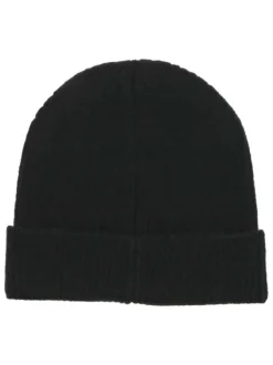 Bonnet noir uni côtelé à revers avec broderie blanche du nom de la marque