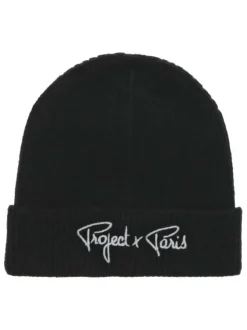 Bonnet noir uni côtelé à revers avec broderie blanche du nom de la marque