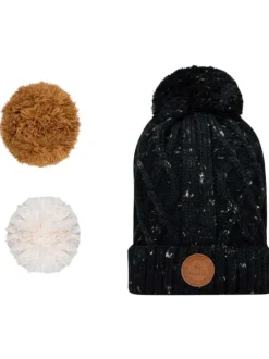 Bonnet noir uni effet moucheté avec pompons interchangeables