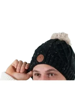 Bonnet noir uni effet moucheté avec pompons interchangeables