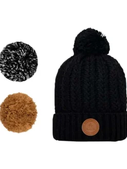 Bonnet noir uni en maille avec des pomppons interchangeables