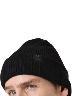 Bonnet noir uni en maille côtelée avec un large revers