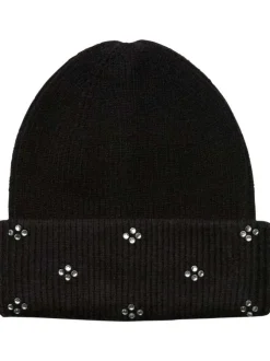 Bonnet noir uni en maille jersey avec strass argentés collés sur le revers