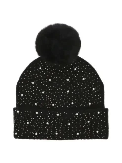 Bonnet noir uni à revers avec perles blanches et strass sur l'avant