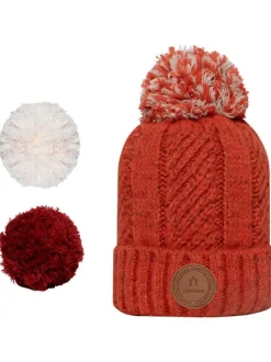 Bonnet orange uni avec trois pompons interchangeables et mailles tressées