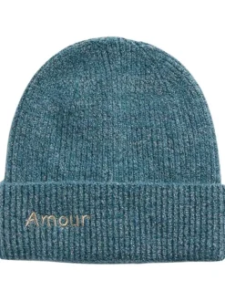 Bonnet à revers bleu en lurex argenté et brodé "Amour" à l'avant