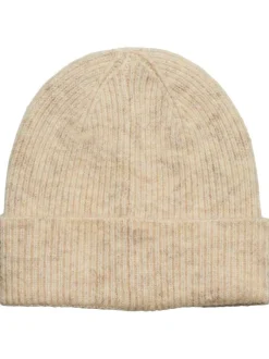 Bonnet à revers écru chiné en laine mélangée avec inscription brodée