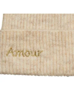 Bonnet à revers écru chiné en laine mélangée avec inscription brodée