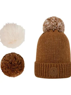 Bonnet à revers Irish Coffee camel avec 3 pompons interchangeables