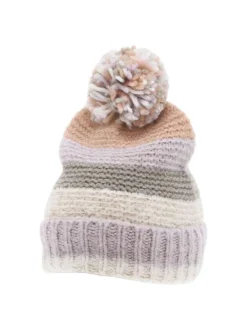 Bonnet à revers multicolore avec des rayures horizontales et un pompon