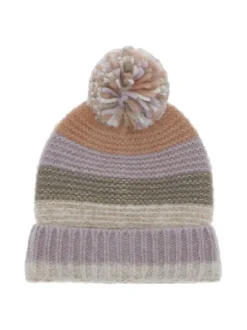 Bonnet à revers multicolore avec des rayures horizontales et un pompon